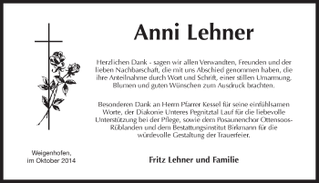 Traueranzeige von Anni Lehner von Pegnitz-Zeitung